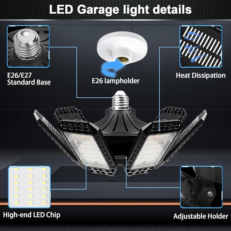 AUDLES 2 Pack LED Garage Light, 240W 24000LM 6500K LED Shop Lights, Garage Lights Ceiling Led with 7+1 Deformable Panels, E26/E27 Bulb Socket Lighting for Shop, High Bay, Attic, Basement, Warehouse - Image 2
